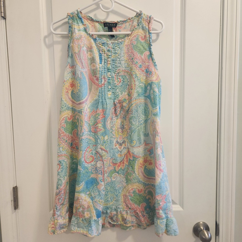 Lauren Ralph Lauren Blue Pink Paisley Cotton Sleeveless Nightgown Small Ruffle